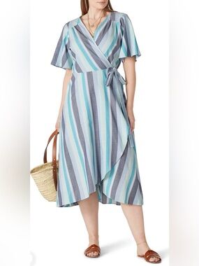 bobeau Striped Wrap Midi Dress in Aqua, Light Blue and Gray